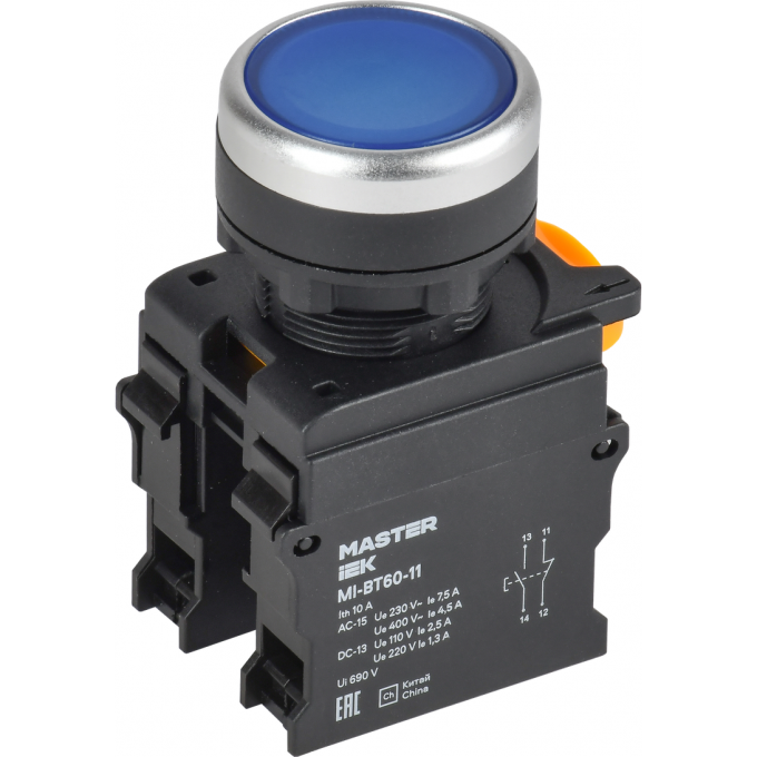 Кнопка IEK MASTER MI-BT60-11-3-22-K07 d=22мм 1NO+1NC синяя MI-BT60-11-3-22-K007