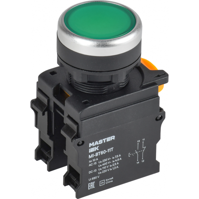 Кнопка с фиксацией IEK MASTER MI-BT60-11T-3-21-K06 d=22мм 1NO+1NC зелёная MI-BT60-11T-3-221-K06