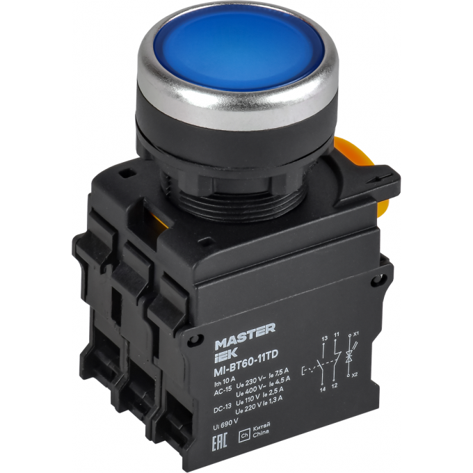 Кнопка с подсветкой и фиксацией IEK MASTER d=22мм 1NO+1NC синяя MI-BT60-11TD-3-11-K07