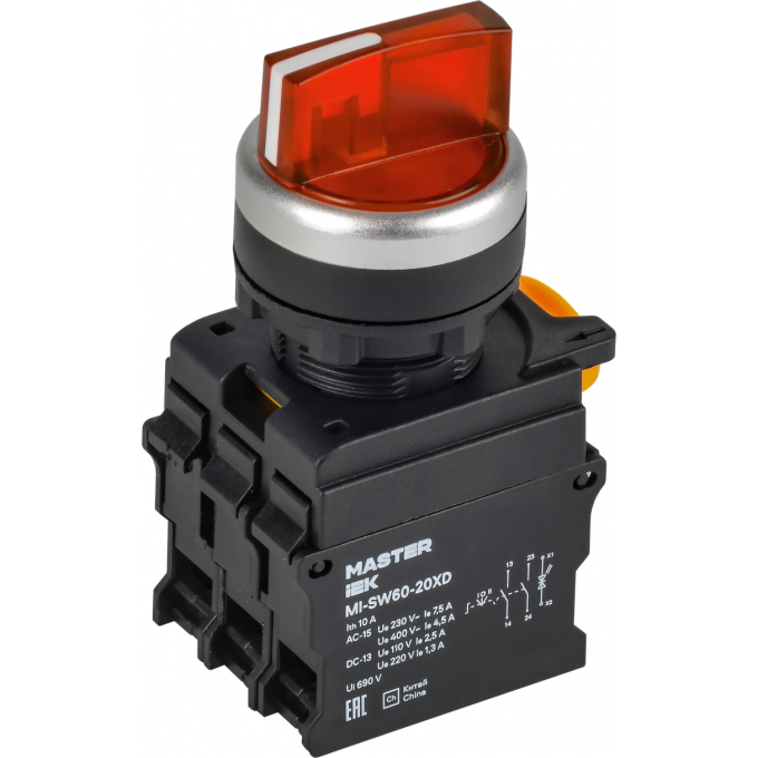 Переключатель с подсветкой на 3 положения IEK MASTER 2NO красный MI-SW60-20XD-4-14-3-K04