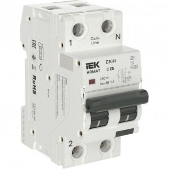 Выключатель автоматический дифференциального тока IEK ARMAT AR-B10N-1N-C025A030 АВДТ B10N 36мм 2п (1P+NP) C 25 30мА тип A Выключатель автоматический дифференциального тока IEK ARMAT AR-B10N-1N-C025A030 АВДТ B10N 36мм 2п (1P+NP) C 25 30мА тип A